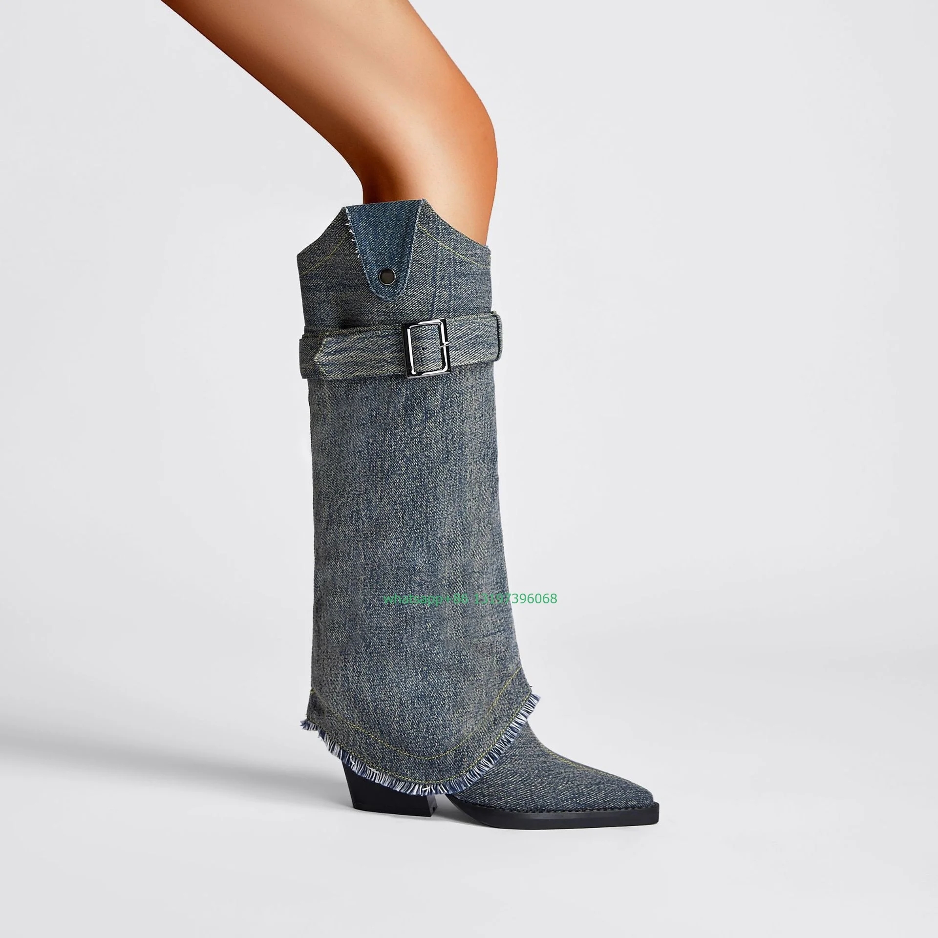 Lady  denim cowboy style buckle strap knee boots pointed toe chunky heel jeans boots punk style daily causal boots size 35-43