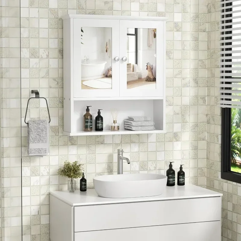 Bathroom Cabinet with Mirror, Wood Medicine Cabinet with Adjustable Shelf, Wall Mount Cabinet Storage, Cupboard, White