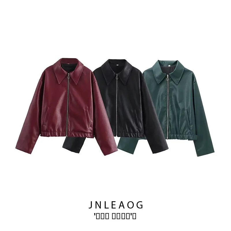 Jnleaog outono novo feminino longo sve colarinho casual sle couro jaet rua faion fibra de poliéster senhoras casaco