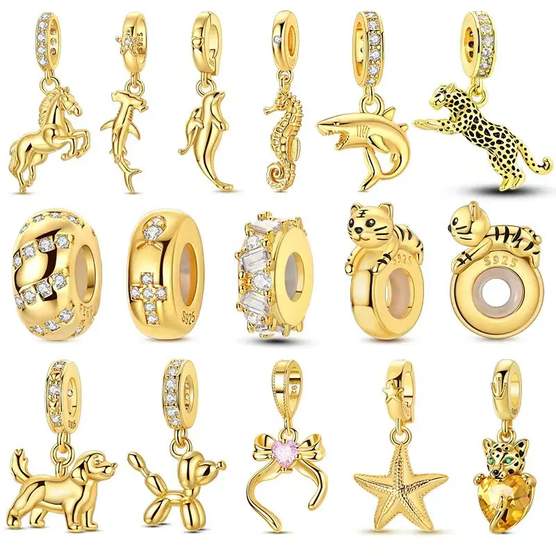 

925 Sterling Silver Golden Series Leopard Firefly Horse Elephant Bow Bee Charms Bead Fit 3mm Original Bracelet DIY Jewelry Gifts