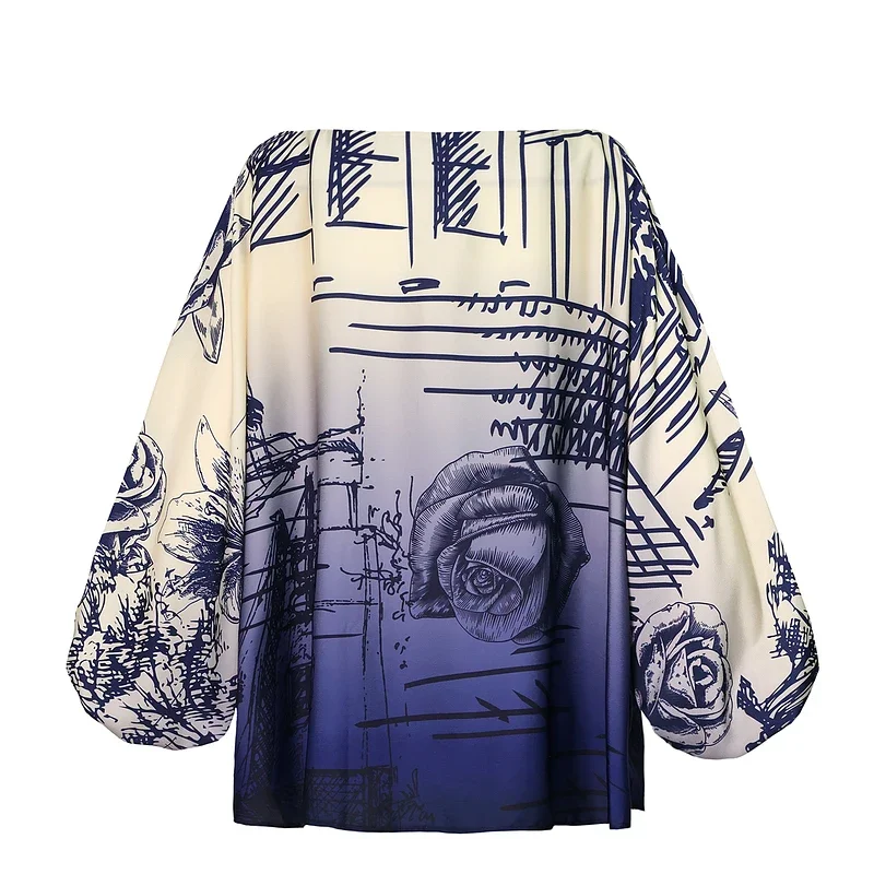 Wefads 2 Piece Set Women Summer Casual Crew Pullover Printed Half Lantern Sleeve Top Loose Wide Legs with Pockets Pants Sets