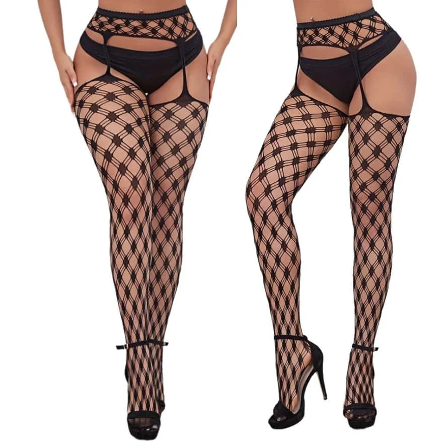 Plus Size Womens Fishnet Hollow Out Mesh Pantyhose Girls Cosplay Black Tights Stockings Thigh Lingerie Sexy Night Club Wear XXXL