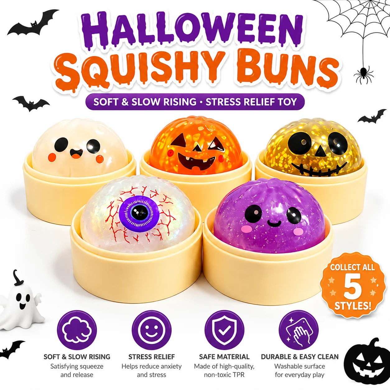 5CM Halloween Dumpling Squishy Toy Realistic Bao Bun Slow Rising Squeeze Fidget Sensory Stress Relief Novelty Desk Gift Set