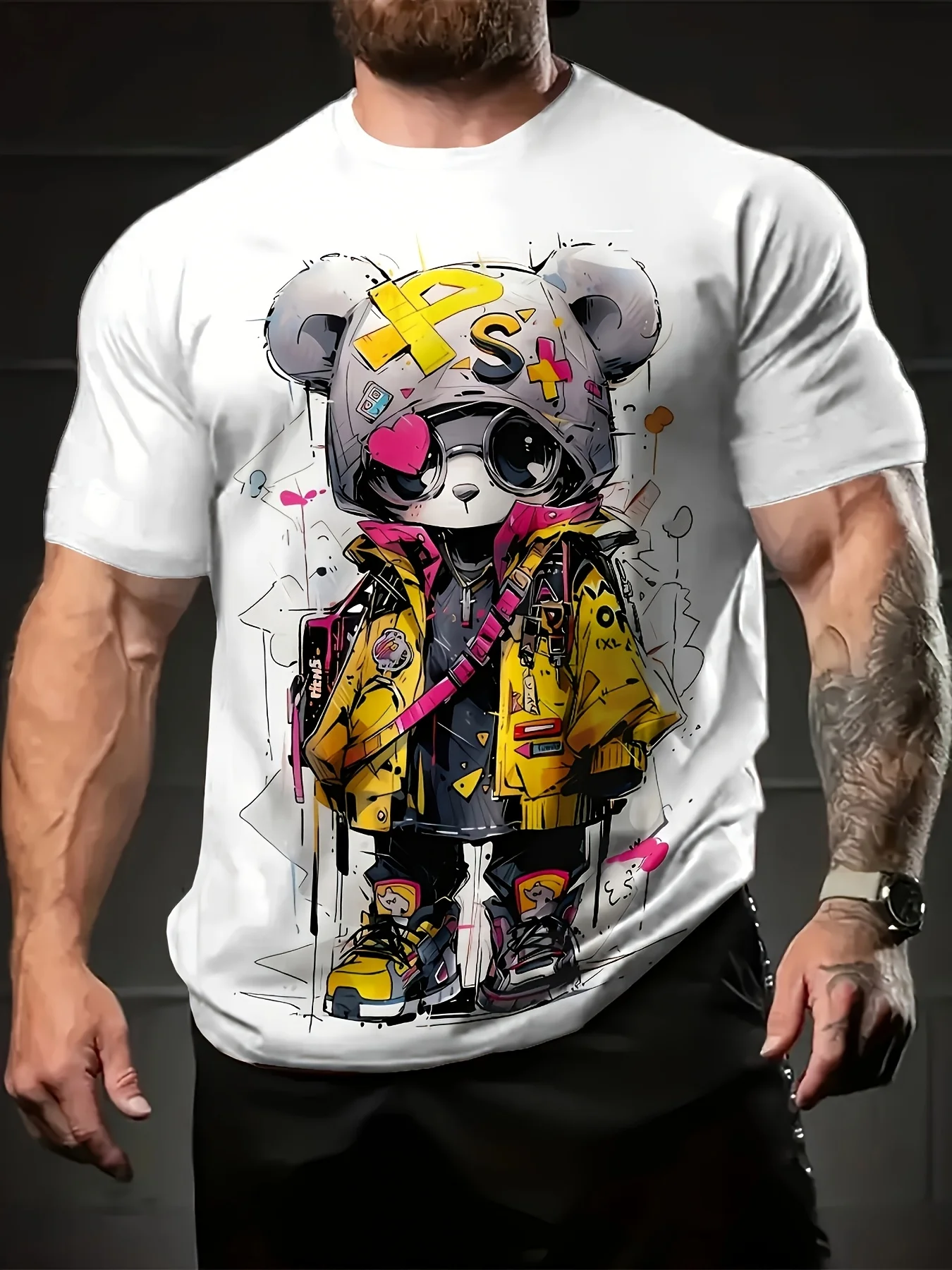 Fashionable men's summer cartoon teddy bear graffiti print micro elastic breathable round neck T-shirt outdoor urban casual top