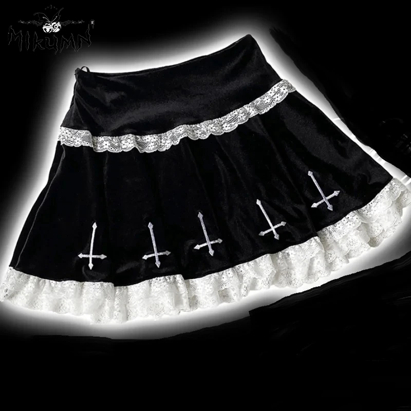 Mikumn Harajuku Gothic Lolita Style Mini Skirt Y2k Punk Women Black White Lace Cross Embroidery High Waist Pleated Skirt Saias