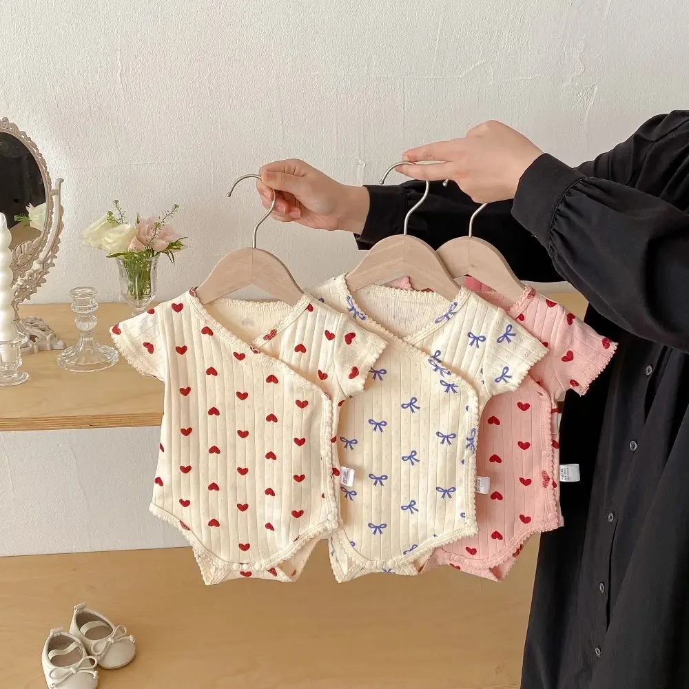 Round Neck Summer Baby Girl Onesies Ruffled Sleeve Cotton Baby Bodysuit Simple Comfortable Butterfly and Heart Print