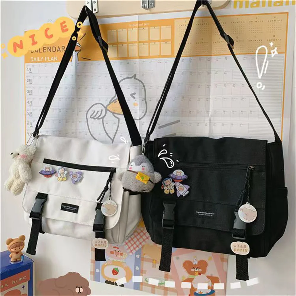 Harajuku Large Capacity School Student Canvas Single Shoulder Handbag Ins Retro Square Men's Women's Crossbody Messenger Bag