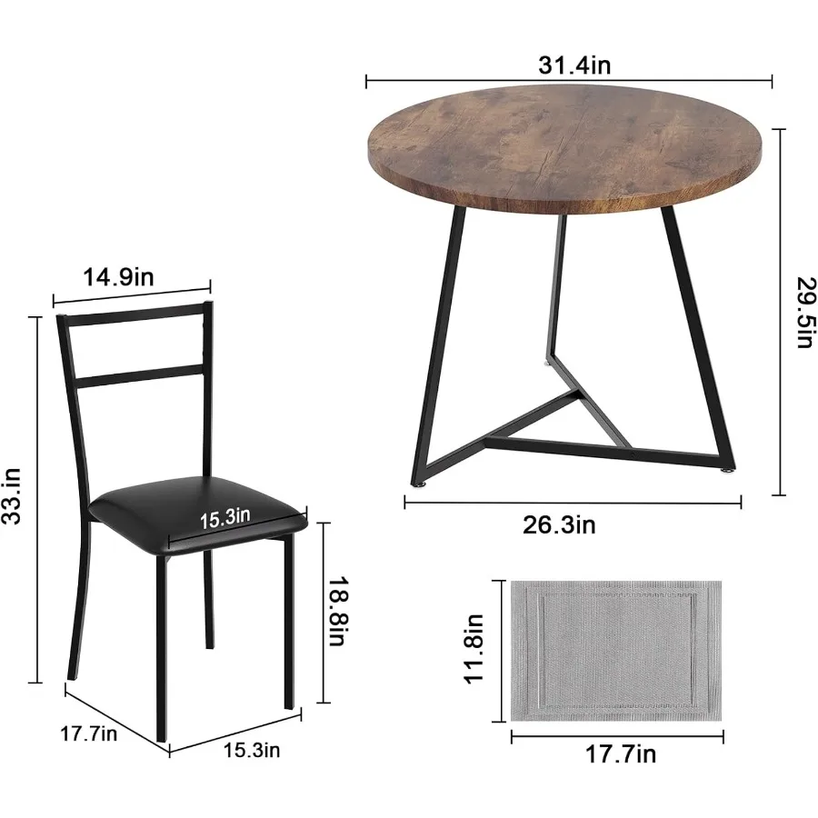 3PCS Small Round Kitchen Dining Table and Chairs Set for 2 Modern Bistro Furniture, Metal Frame, Wood Grain Top, 2 Upholstered