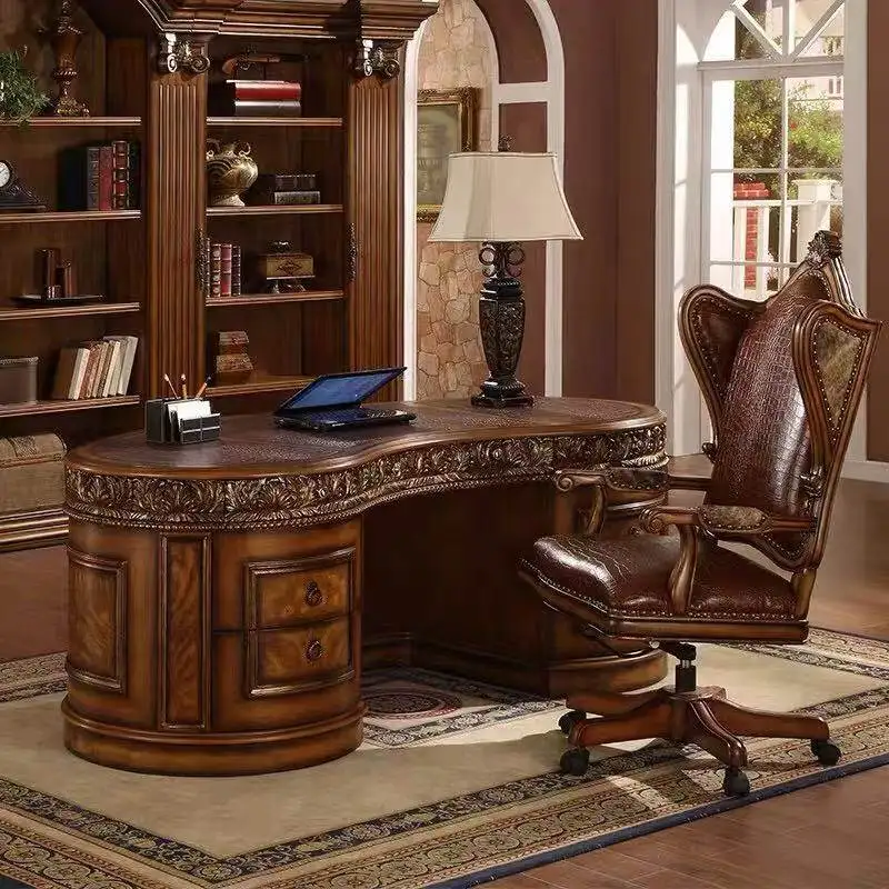 

American solid wood desk, carved, retro writing desk, high-end computer desk