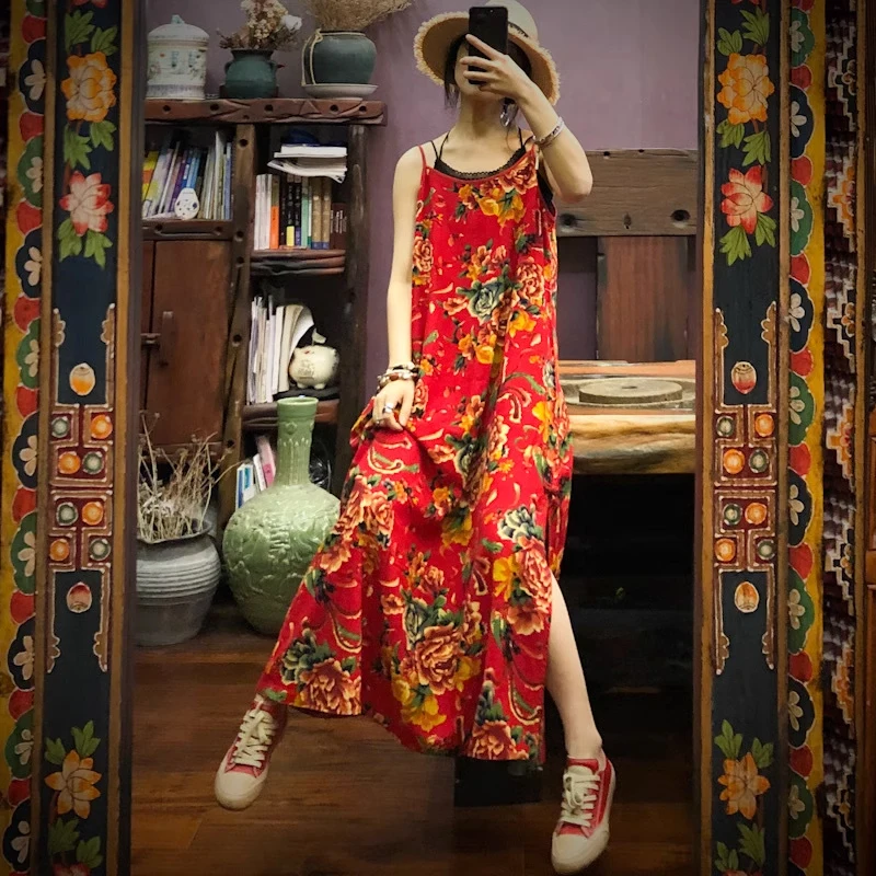 Summer New Sle Loose Cotton Linen Strap Dr Women's Ethnic Loose plus Size Slimming Base Layer Floral Print Long Dr
