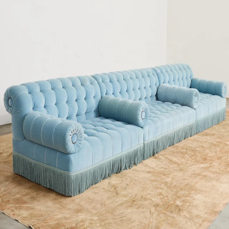 &Velvet Tufted Sectional Banquette Sofa Fringe Couch Living Room & Bedroom Sofa