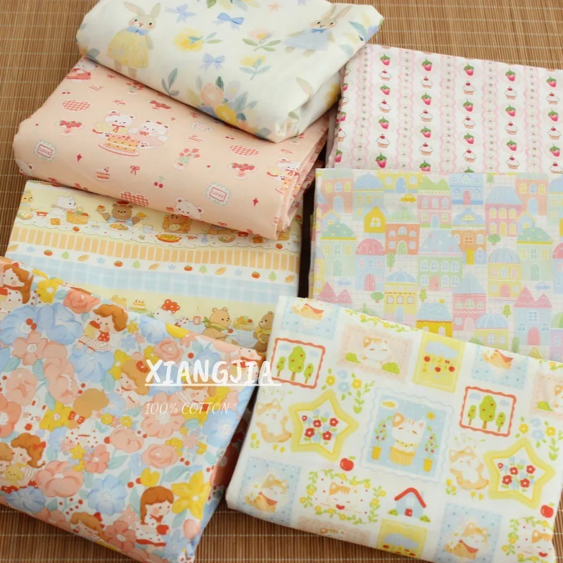 

Pure cotton 40 poplin plain weave fabric, cartoon floral printing, clothing and apparel, handmade fabric
