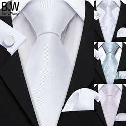 Silver White Men Tie Handkerchief Cufflinks Set Jacquard Solid Paisley Floral Necktie For Male Wedding Business