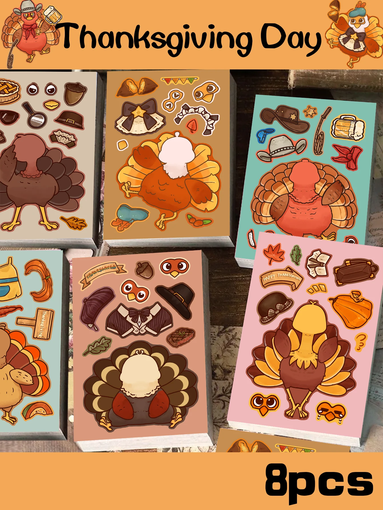 ملصقات عيد الشكر ، ديكور ملقط تركيا ، ورق مفكرة ، كتاب مقطوع ، كوب ماء ، خوذة ، تصنعها بنفسك ، لوح تزلج ، جيتار ، 8 * *