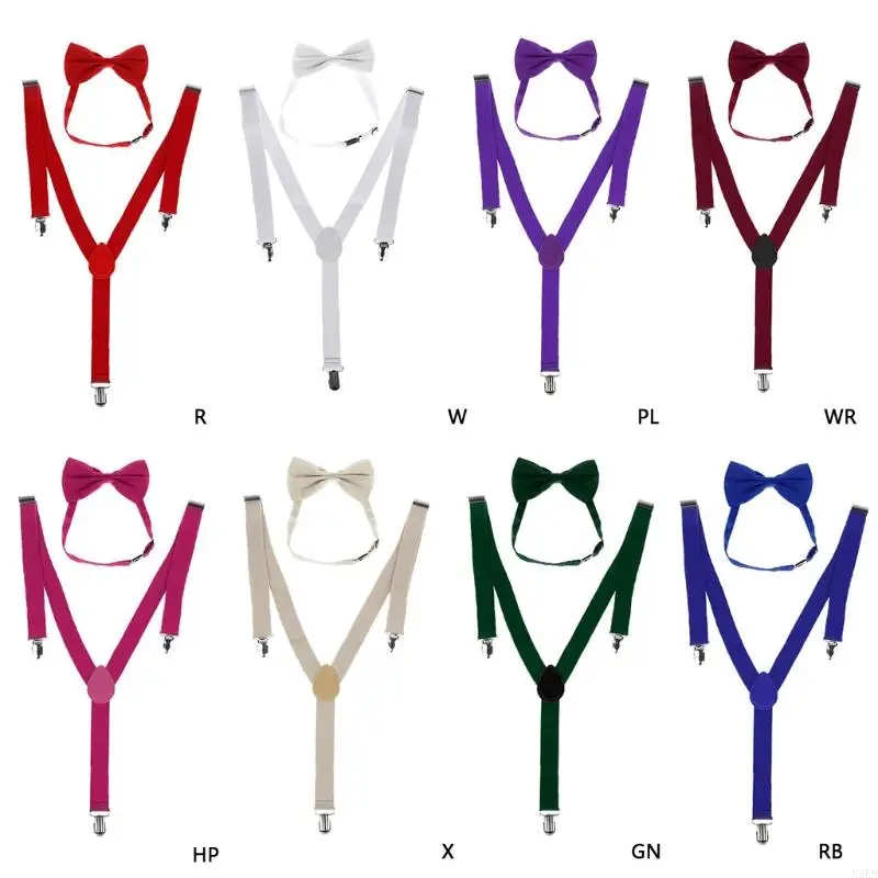 N5KB Unisex Adjustable Y-Back Suspenders Bow Tie Set Clip-On Braces Elastic Wedding