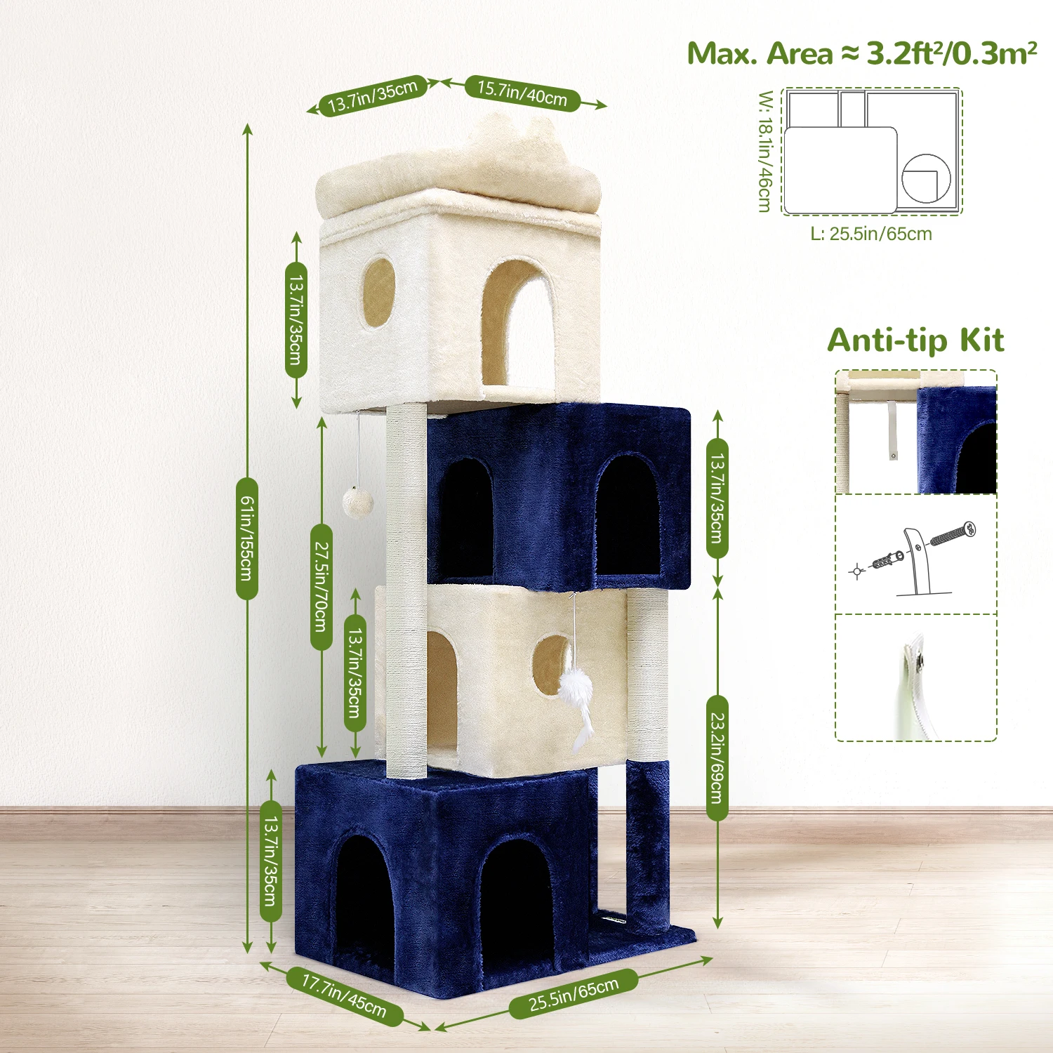 FC61 Cat Condos for Indoor Cats Large Adult Cat Tree 61-inch Cat Climbing Tower with 4 Cat Condos Cat Climbers for Indoor Cats