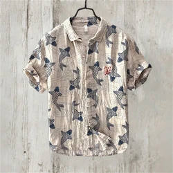 Men's Short Sleeve Linen Printed Shirt 2024 Japan Hot Selling Carp Print Holiday Daily Casual Wear Large Size XS-5XL
