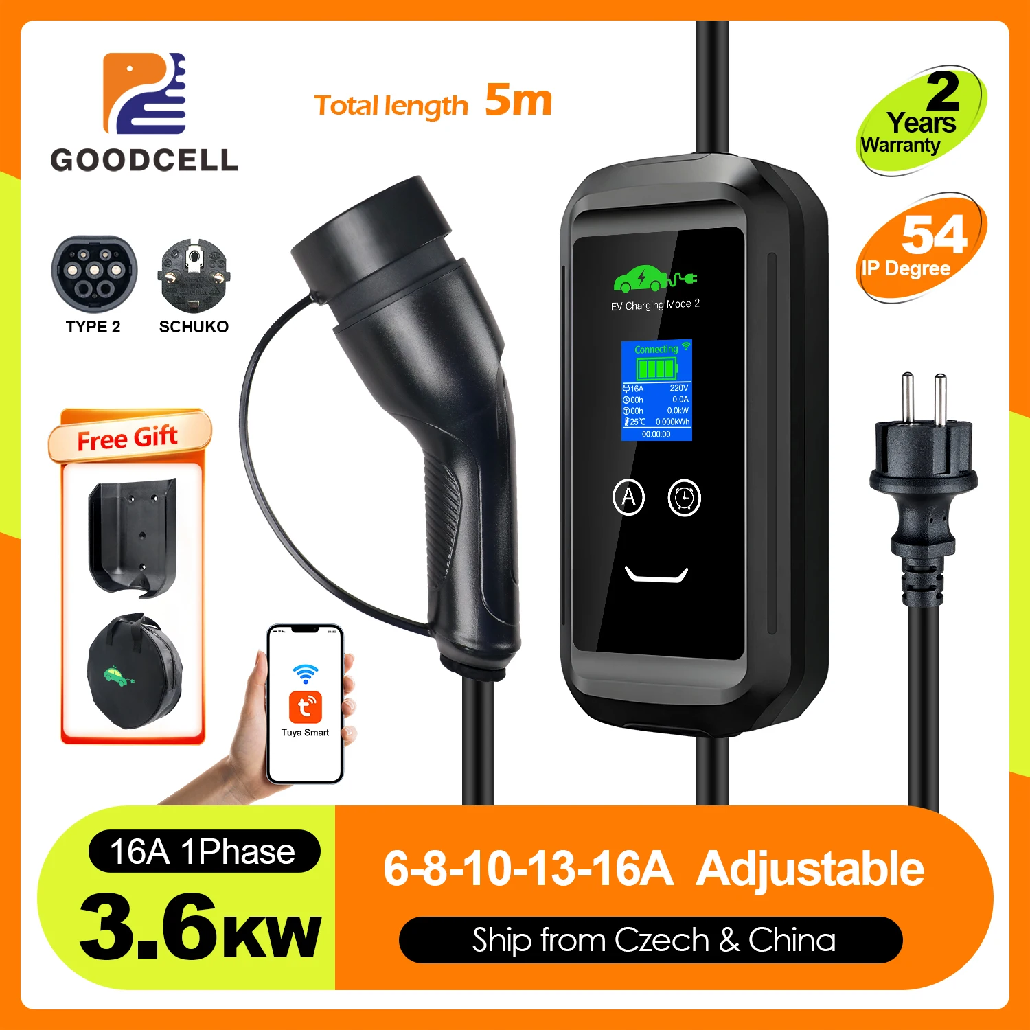 

GOODCELL 16A 3.6KW Portable EV Charger Type2 IEC62196-2 Tuya APP EVSE Charging 5M Cable Type2 Plug Wallbox for Electric Car