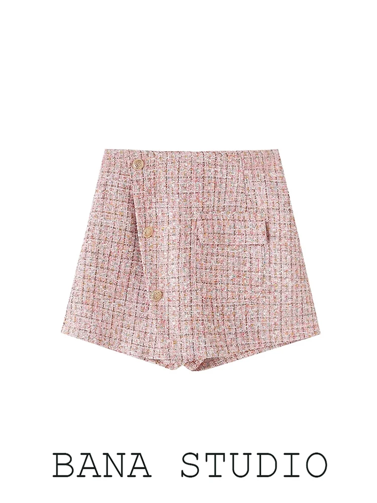 

Ele High Waist Wide Leg Pants ort Skirt for Women Pink Plaid A-Line Skirt Suit Casual Straight Cut Summer 2023