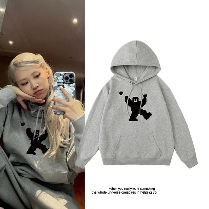 ROSÉ Same Hoodies Cartoon Funny Pattern Women Autumn Loose Hoodie Men Korean Rose Fashion Retro Grey Kpop Streetwear Sweatshirt