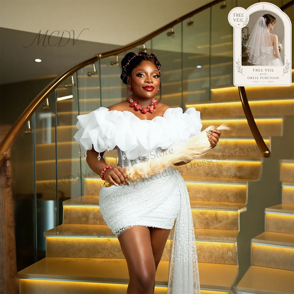 Vestido de Noiva Curto de Organza Ombro a Ombro com Lantejoulas Brilhantes, Mini Vestido Justo Civil Nigeriano, Vestido Branco Curto de Noiva Personalizado
