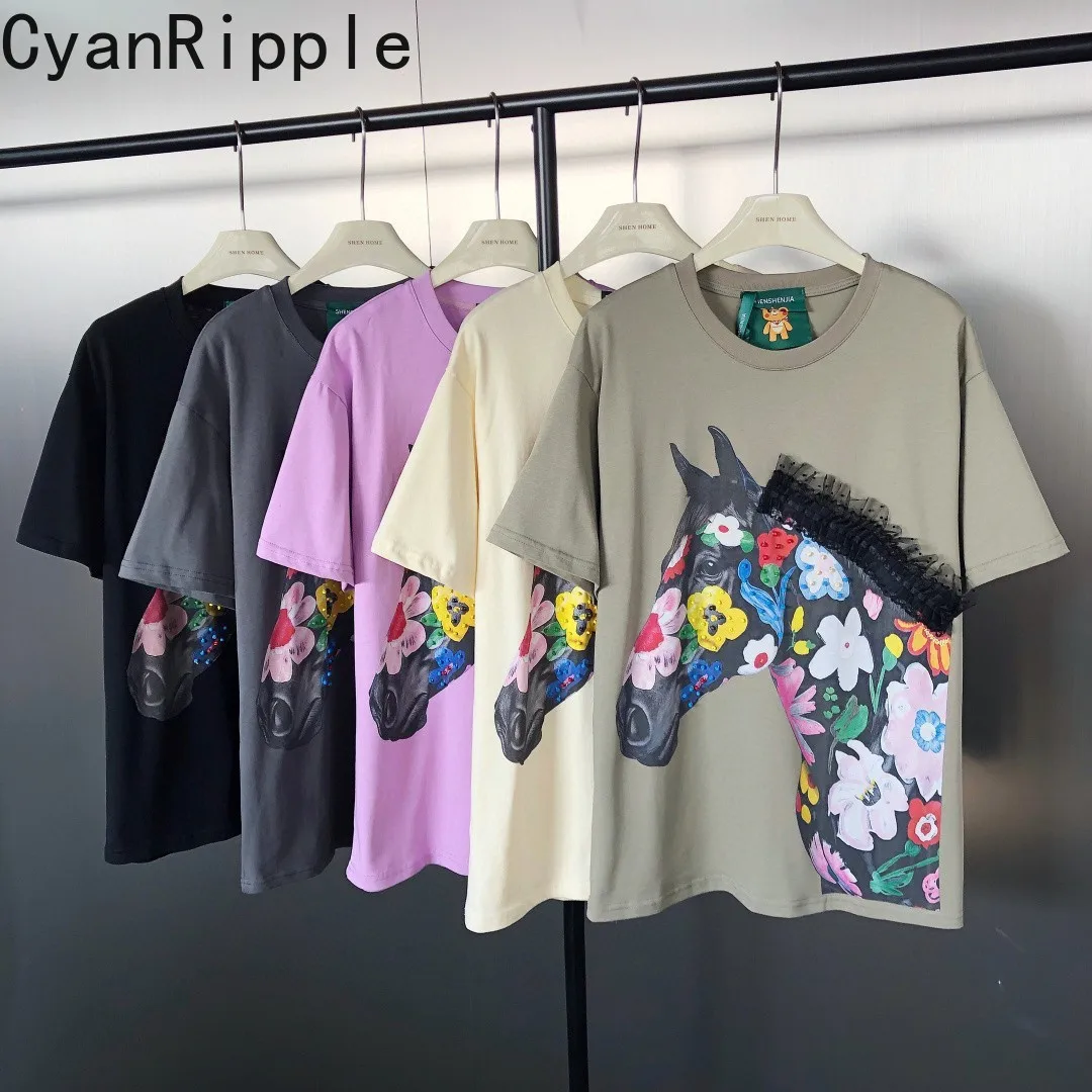 

Модная весенне-летняя свободная футболка с коротким рукавом, элегантная сетчатая футболка с оборками и бисером, универсальные хлопковые повседневные футболки с круглым вырезом