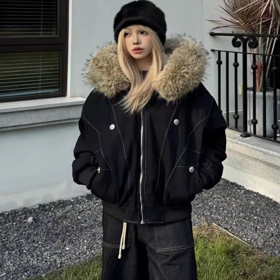 سترة قطنية سميكة منحوتة على الجبال الأمريكية الرجعية Jaet معطف شتوي نسائي فضفاض ملابس عمل معطف للزوجين بياقة كبيرة من الفرو #5