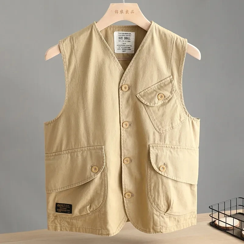 

Vintage Cotton Sleeveless Cargo Jacket Male Korea Fashion Waistcoat Loose Man Vest Multi-pocket Casual Gilets Solid V-neck 2023