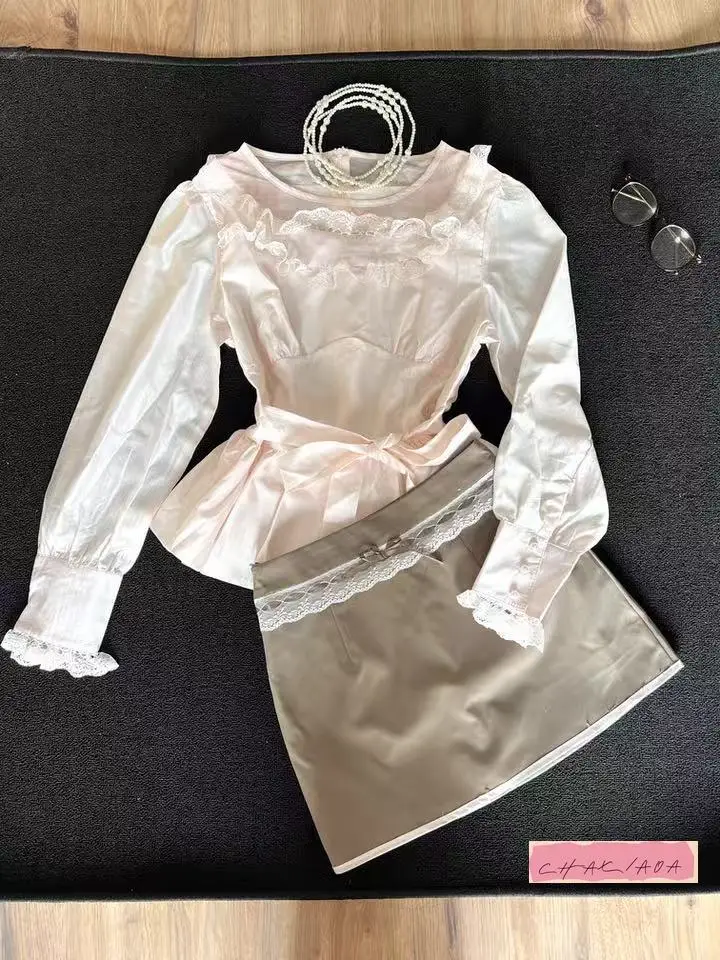 

Японский комплект из двух предметов для свежего отделения, милая и элегантная кружевная блузка с рукавами-фонариками, осенняя мини-юбка с приталенной талией