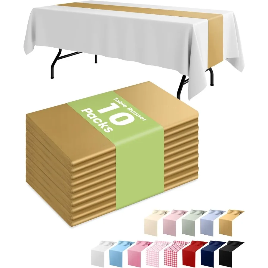 Caminos de mesa de plástico dorados, paquete de 10, 14.0 x 108.0 in, decoraciones de centro de mesa desechables resistentes al agua para mantel, ideales para nosotros
