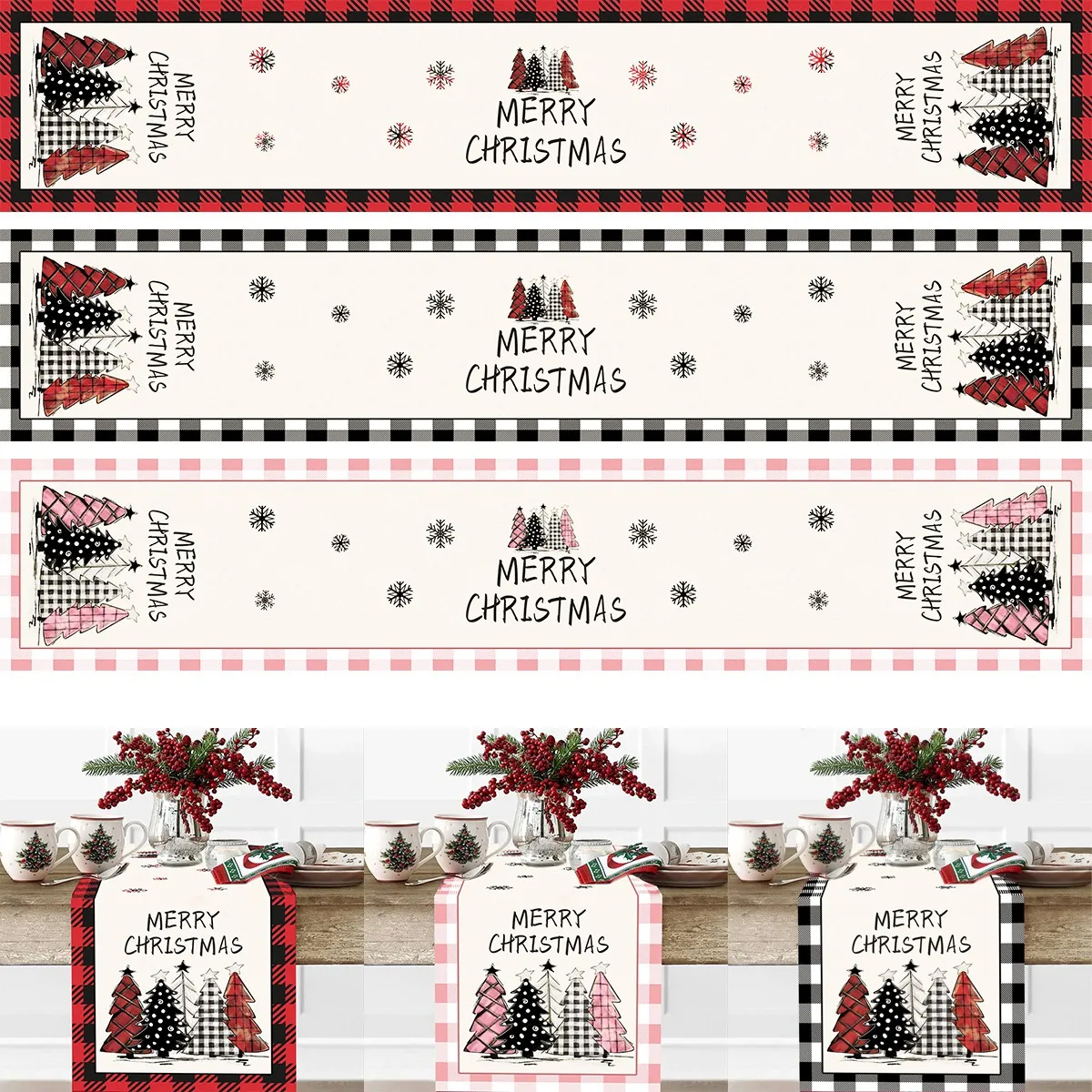 Buffalo Plaid Christmas Tree Table Runner Merry Christmas Decorations For Home Decor Xmas Table Flag Cover Gifts Happy New Year