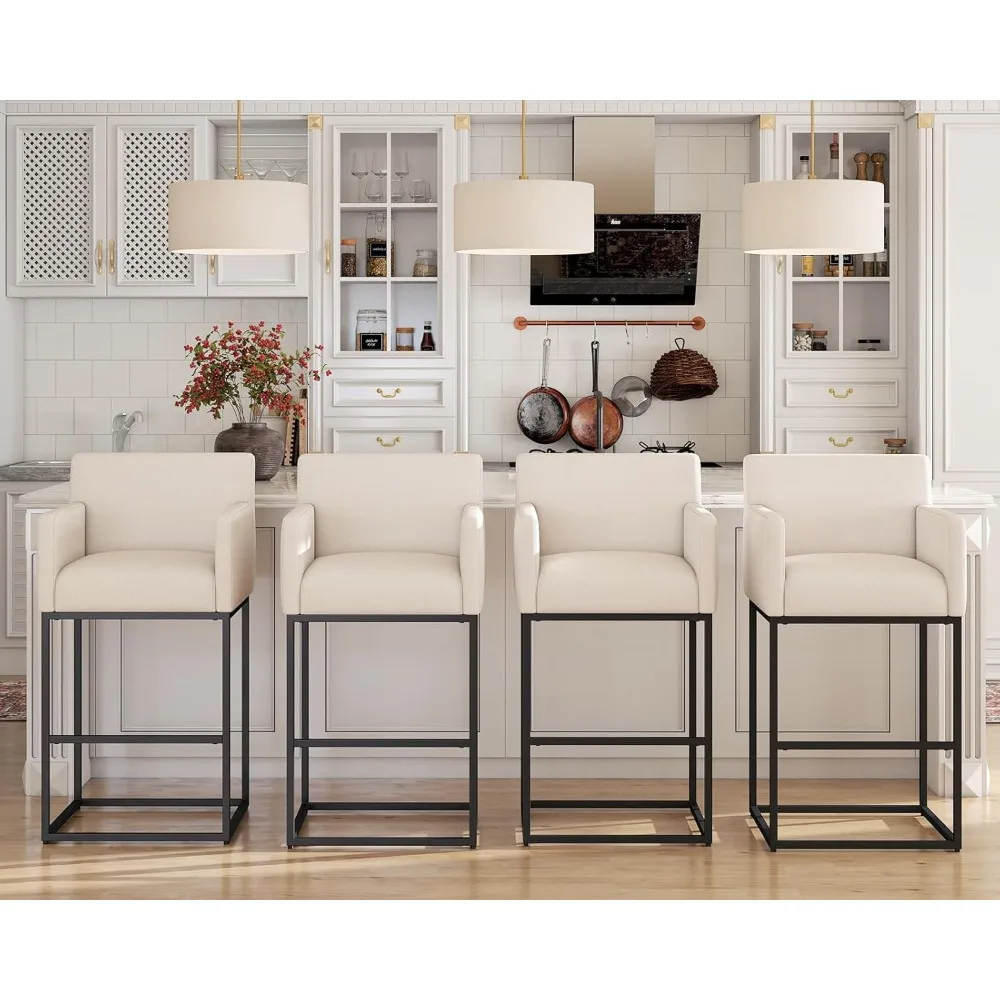 Conjunto de 2 bancos de bar modernos com altura de balcão, bancos de bar estofados em tecido de linho com costas, bancos de ilha de cozinha de 30 polegadas com inteligência