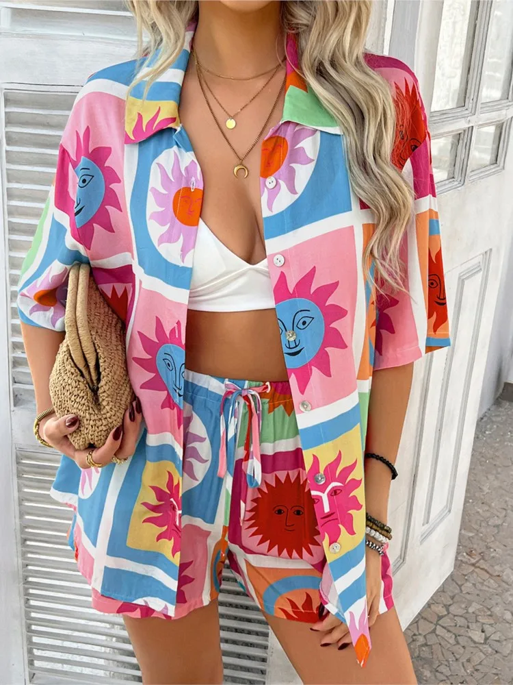 Bohemian Holiday Style Contrast Color Printed Shorts Set Women's Comfortable Casual Lazy Top Drawstring Shorts Two-piece Set