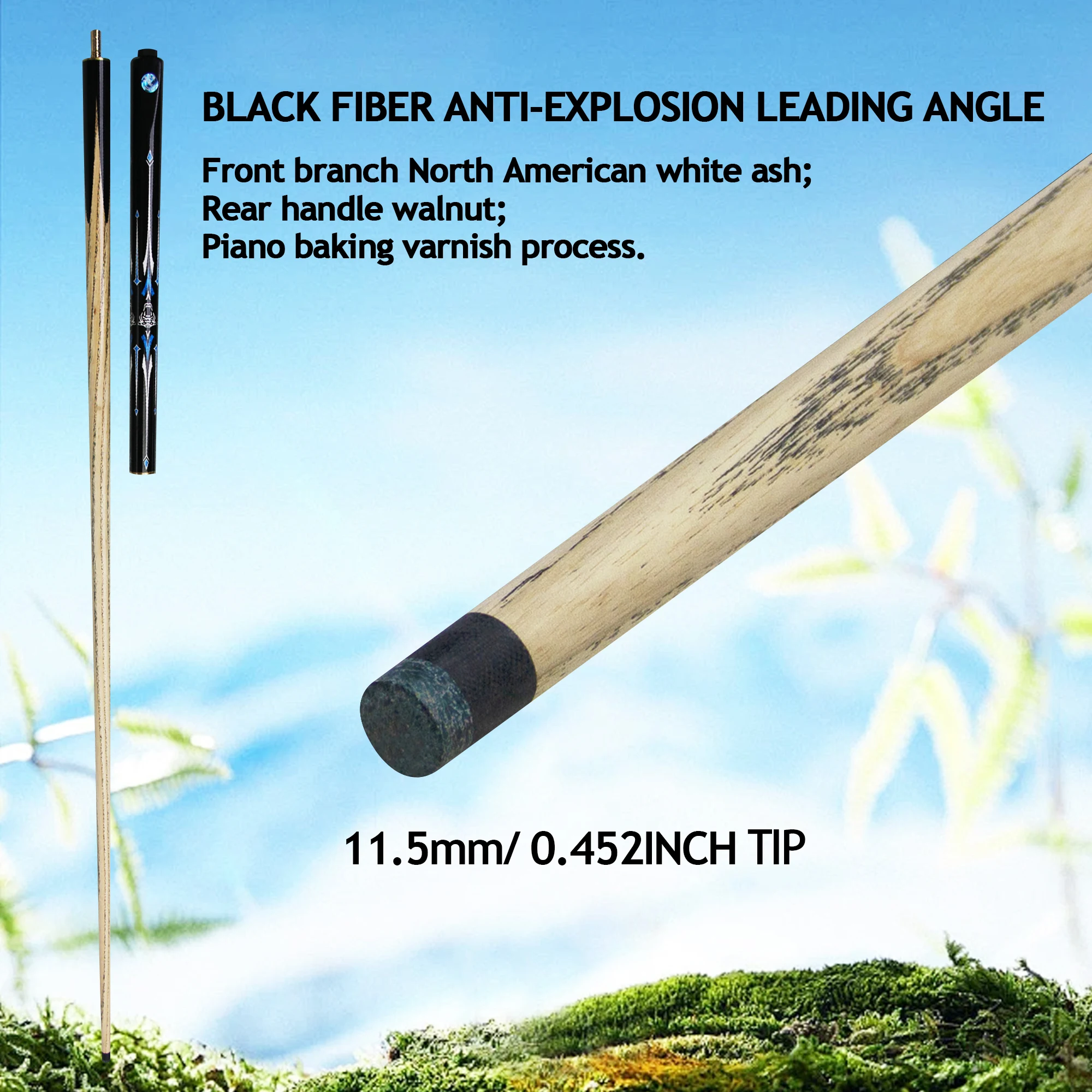 11.5mm Black Fiber Anti-Explosion Tip 3/4 Billiard Cue, Brass Joint, Ash + Walnut, High Burst Force Pool Stick