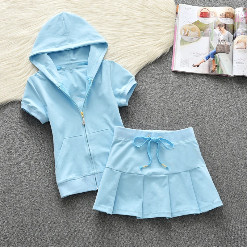2024 Summer Two Piece Set Solid Color Short Sleeve Hooded Sweatshirt and Skirt Set Casual Sportswear Suit