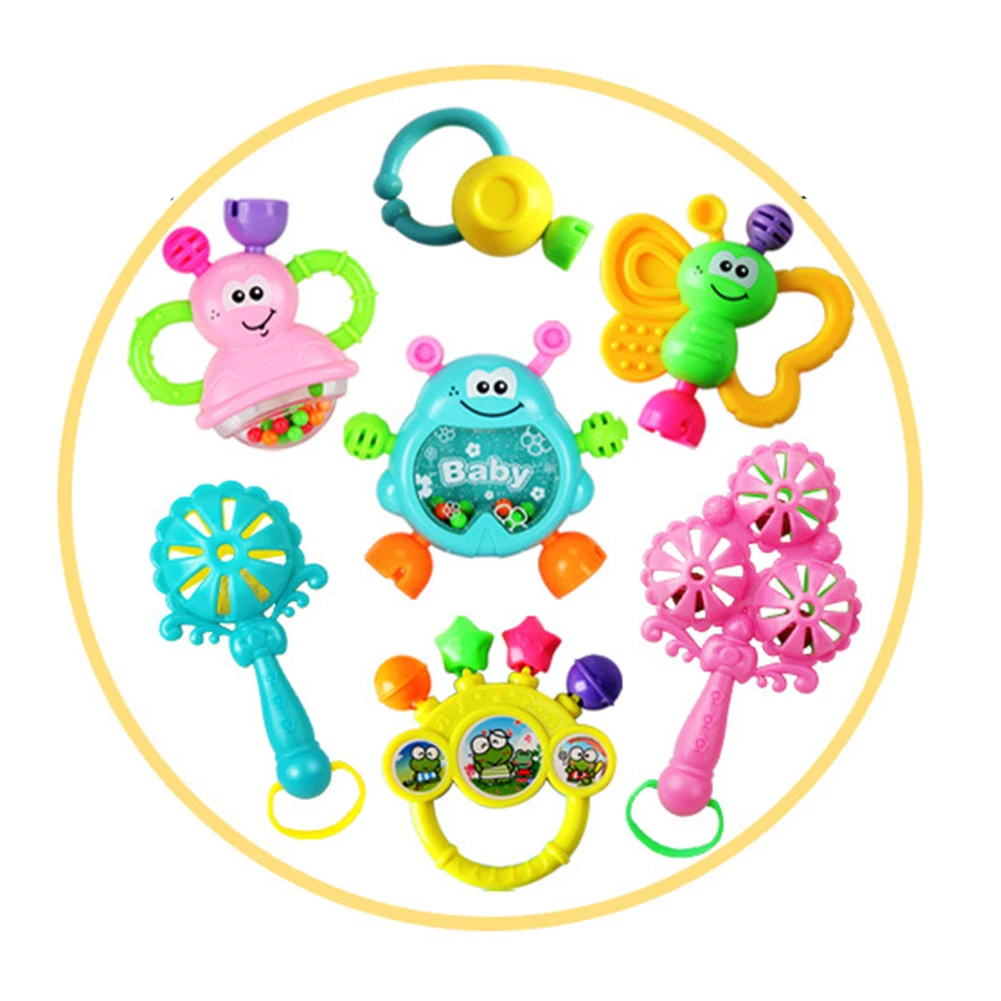 7pcs/set Hand Knocking Rattle Dumbbell Early Educational Toy for Kids Hand Bell Baby Toy 0-3 Years Infant Hand Grab Rattles