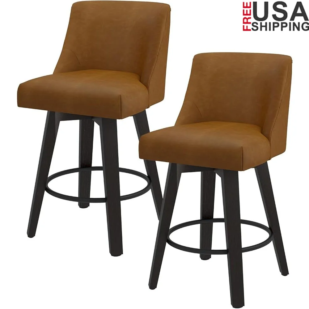 

Counter Height Swivel Bar Stools Set of 2 Faux Leather Upholstered Sturdy Barstools with Back and Built-in Footrest