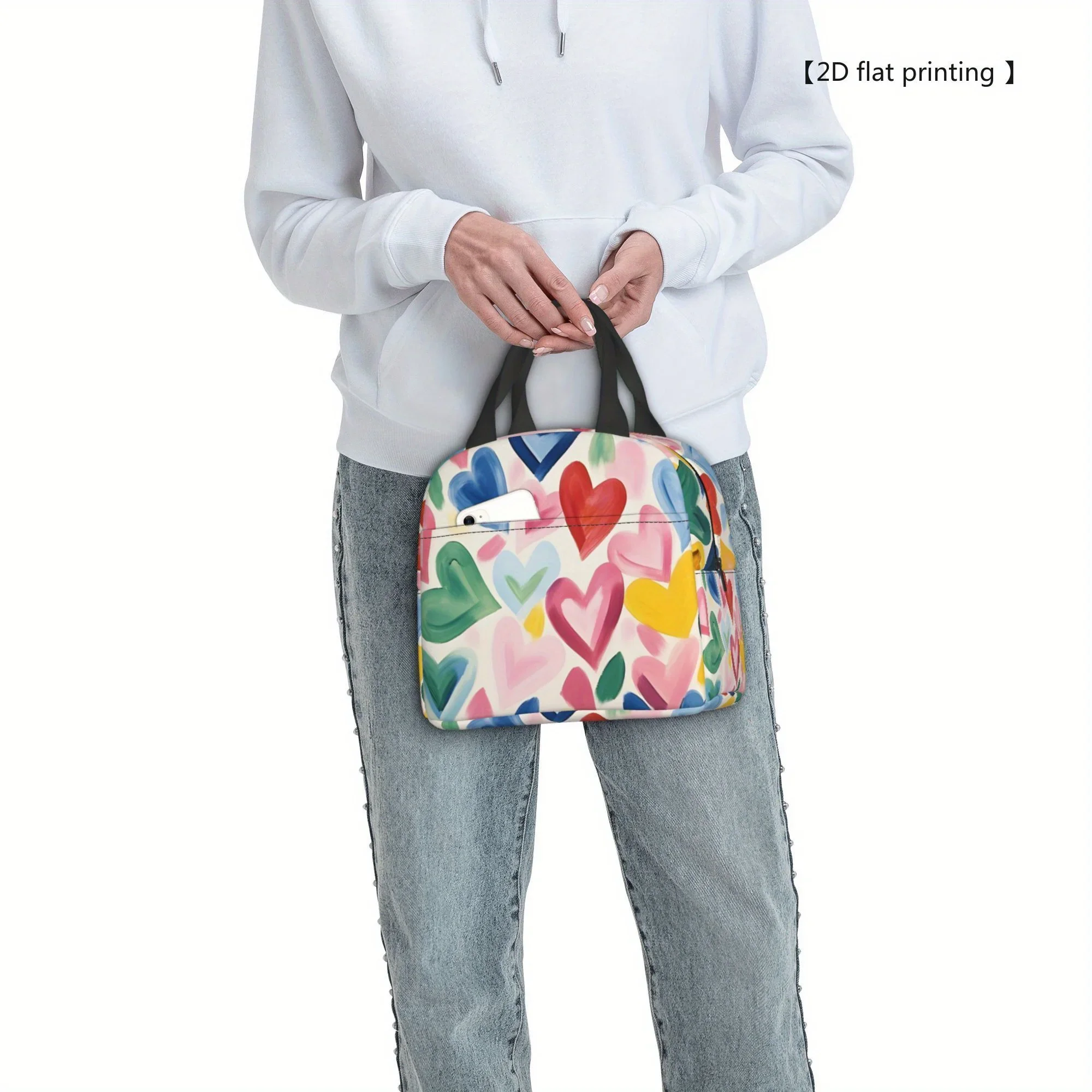 1pc [ 2D flat printing] Multicolored heart pattern Portable Reusable Cooler Bag, Lunch bag Boxed meal package top - handle bag l