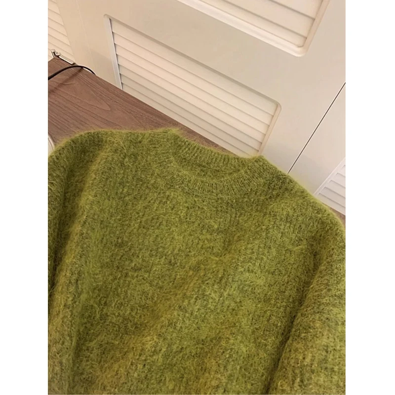 Women\'s Trendy Simple Casual Green Soft All Match Knitted Sweater Female Chic O Neck Long Sleeve Loose Pullover Tops Y2K Jumper