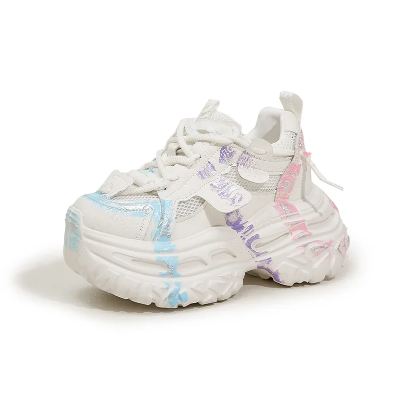 9CM Women Leisure Shoes Mixed Colors Ladies Chunky Sneakers New 2026 Summer Breathable Mesh Synthetic Leather Sports Dad Shoes