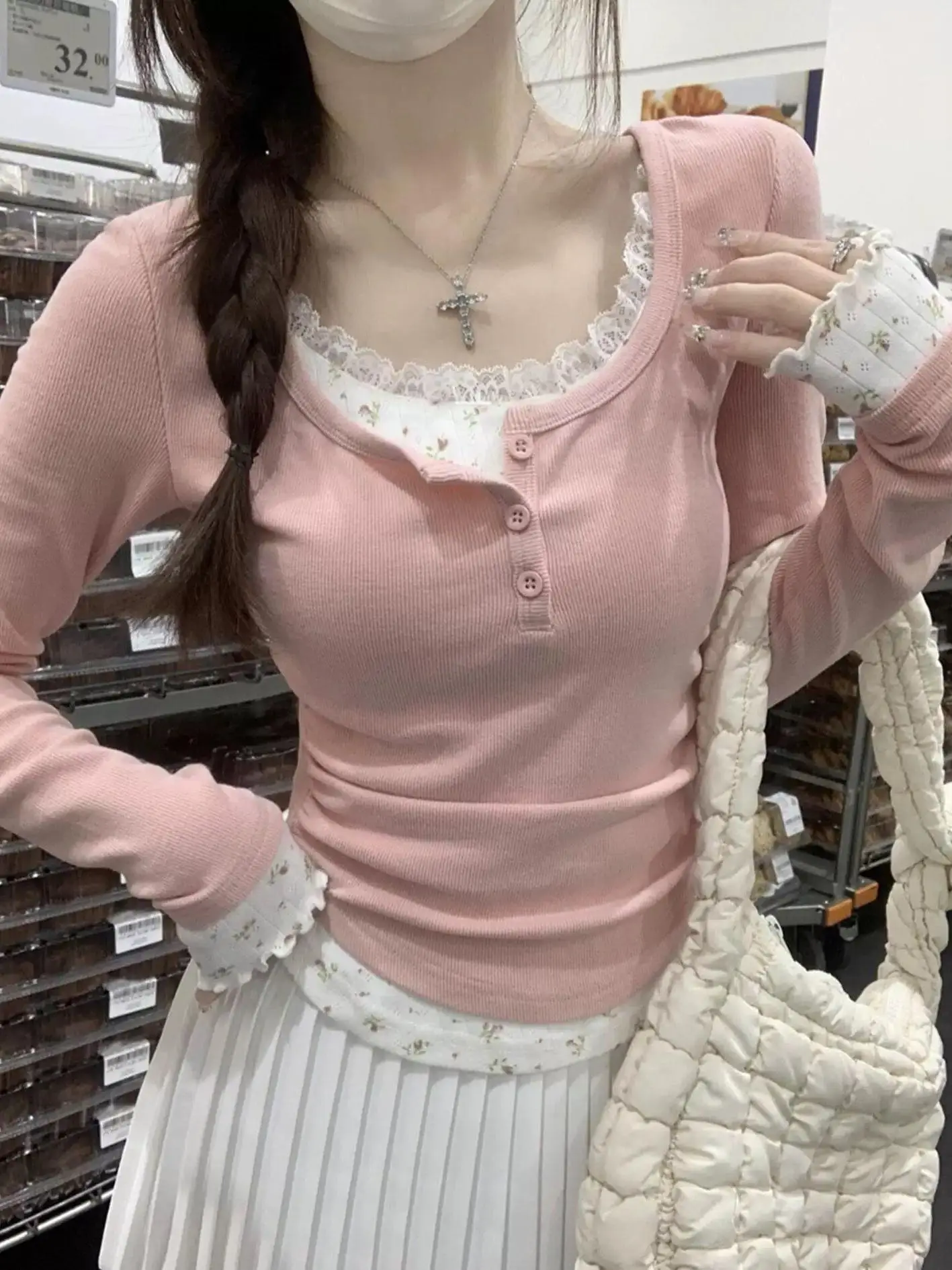 BM Sle Lace Long Sve U-Ne T-Shirt Damen Slim Fit Blumendruck ort Base irt Autumn Faion Sexy Look Gestrickte Poly...