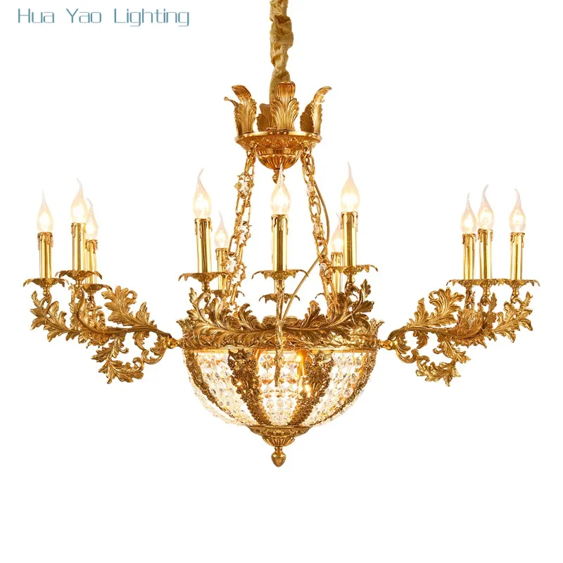 

European Brass Living Room Pendent Light Bedroom Dining Lamp French Villa Baroque Luxury Copper Large Chandelier