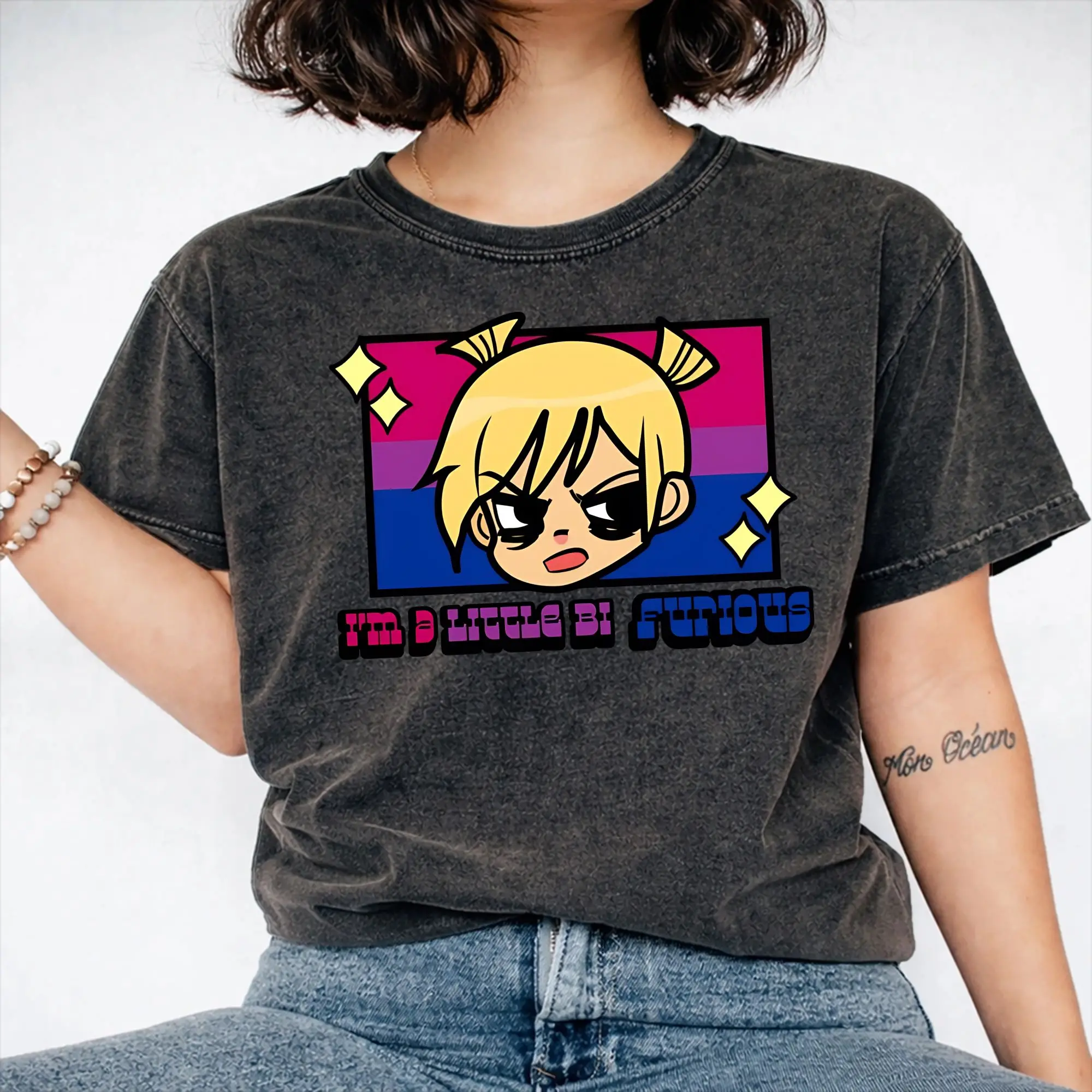 Bi furious Scotts Pilgrims vs The World Accessories Washed T Shirt Men Women Streetwear Hip Hop T-Shirts Summer  Tee Shirt