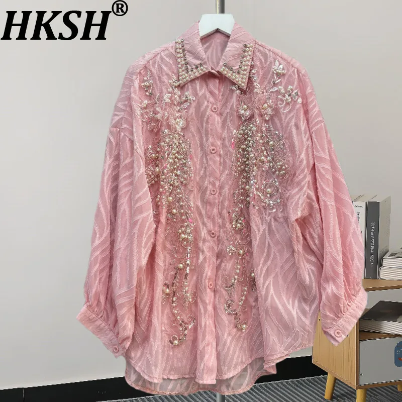 

HKSH Spring Autumn New Women Shirt Heavy Craft Beaded Sequins Turn-down Collar Single Breasted Luxury Tide Chic Ins Tops HK11476