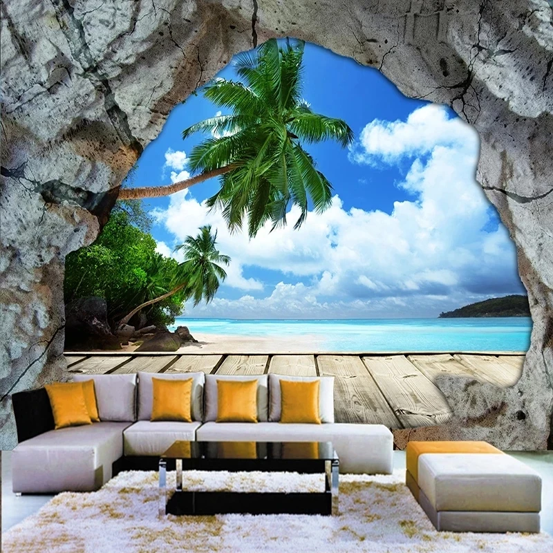 Customized Mural 3D Cave Stone Beach Sea View Wallpaper Living room TV background bedroom restaurant coconut tree blue sky plank