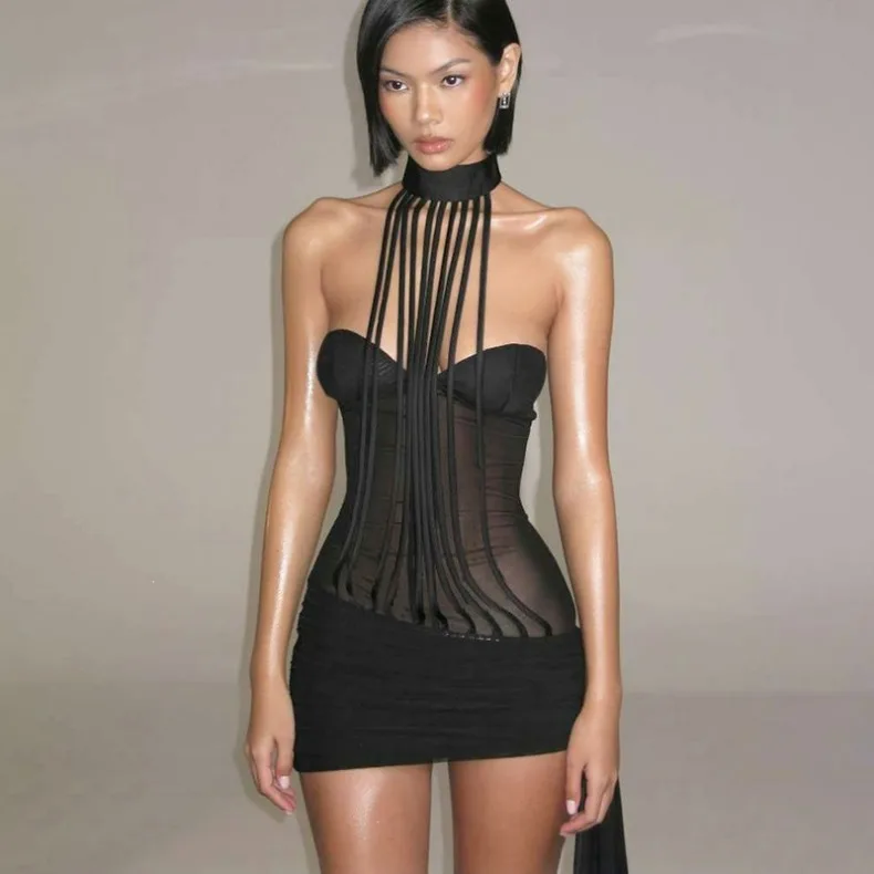 Transparentes Mesh-Splicing-Bodycon-Kleid mit Schlank-Effekt, Rückenfrei, Schulterfrei, Bustier-Kleid, Nachtclub-Kleider, Ärmellos, Gerafft, Vestidos – Detail 3