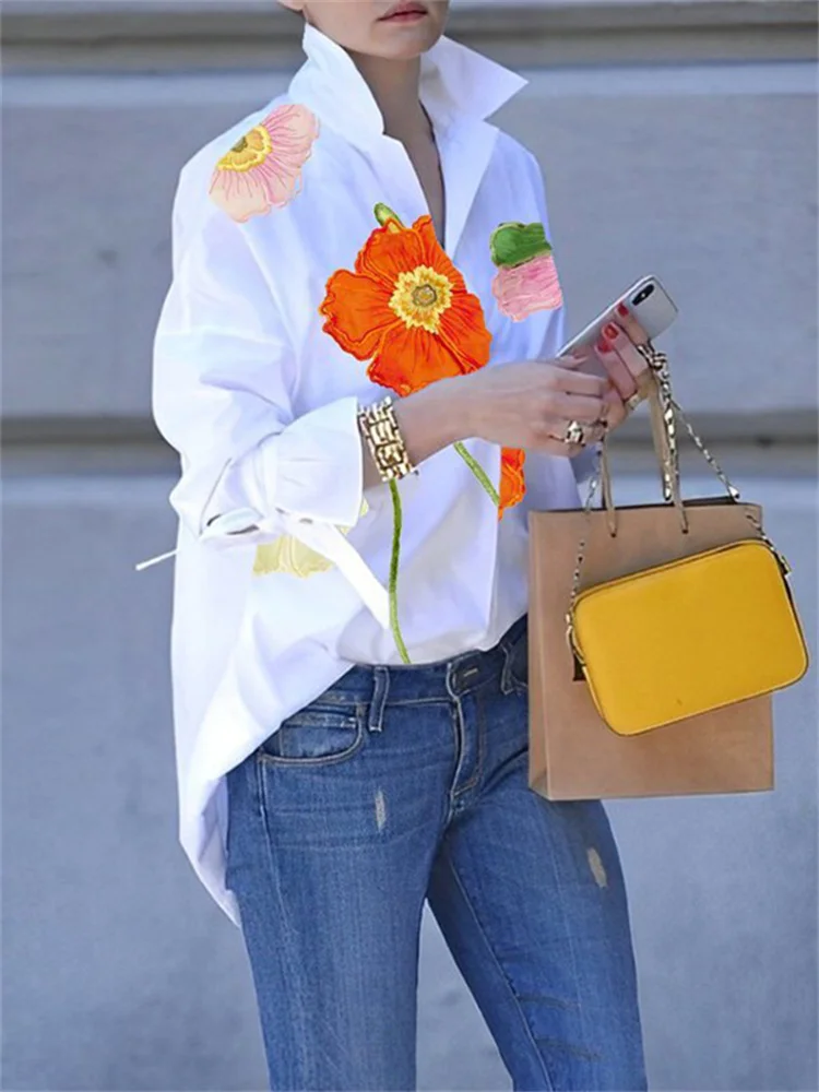 

Uoozee Women's Fashion Elegant Floral Printed White Lapel Blouses Flared Sleeves Long Sleeves Loose Casual Daily Shirts Tops