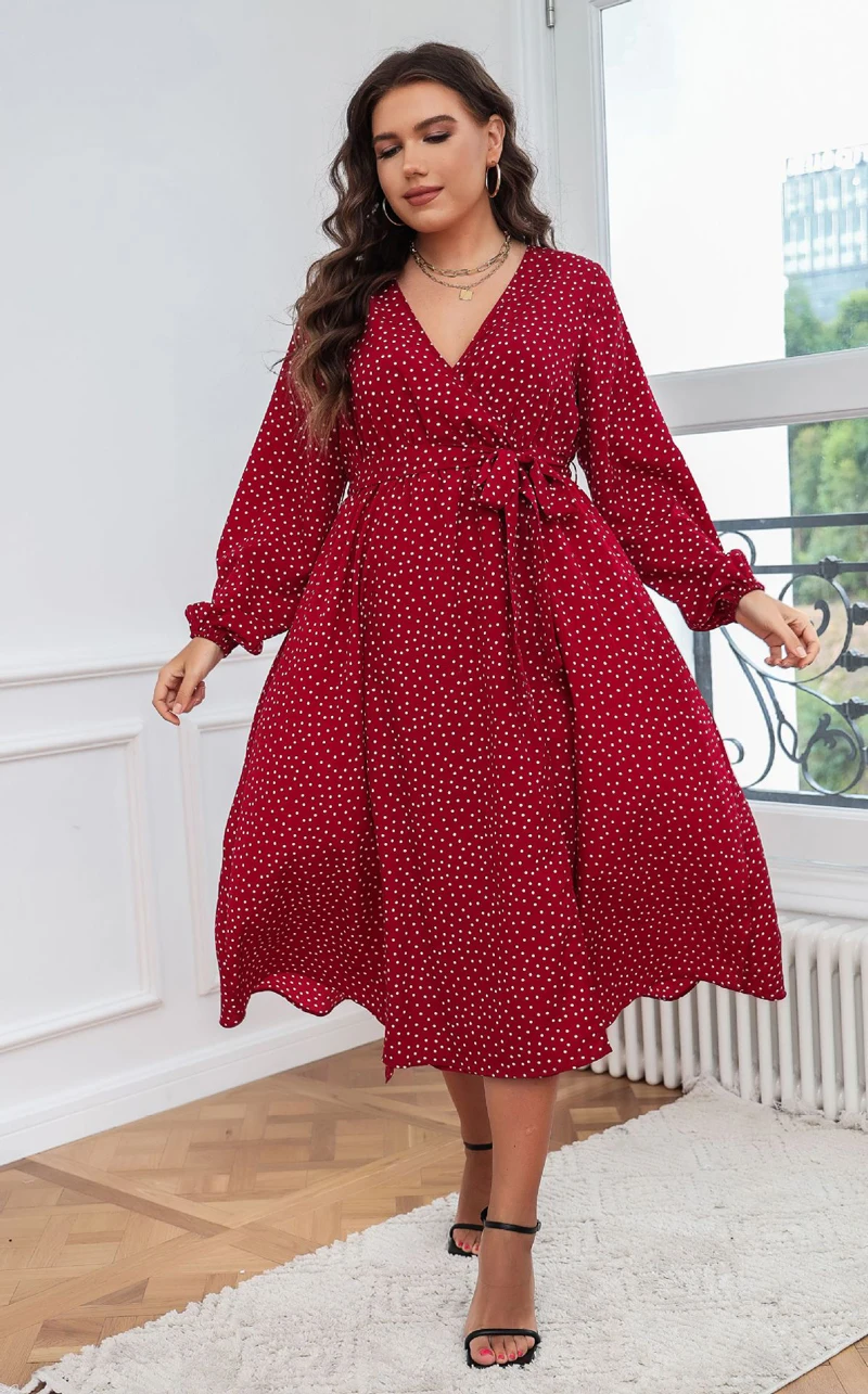 Talla grande Mujer Otoño Casual Estampado V-Ne Par Cena Dr Street Sle Cintura alta Midi Dr Or Sve Cuna de poliéster...