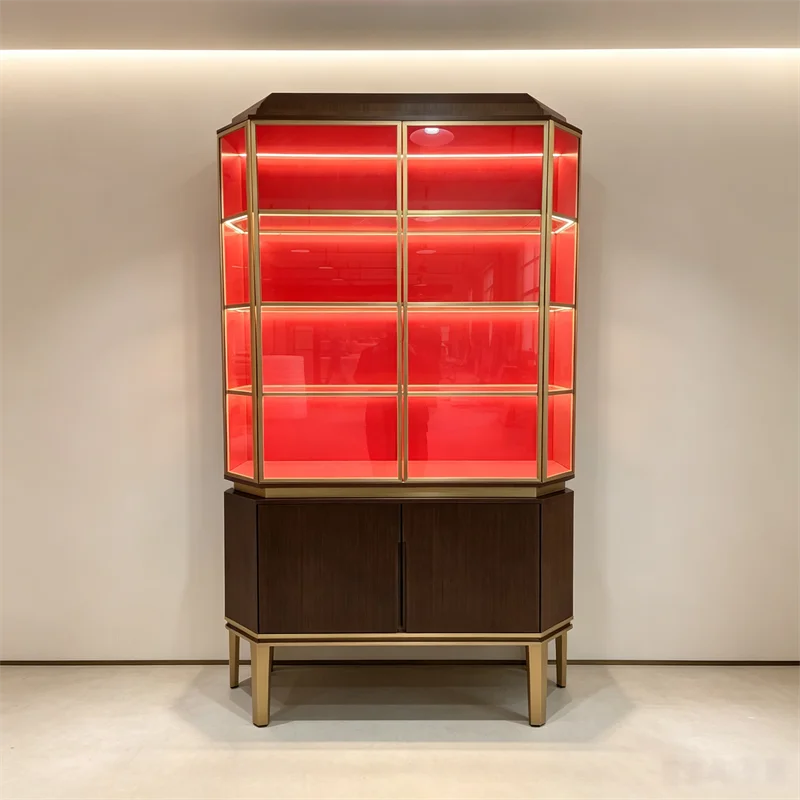 Custom Wine Cabinet Luxury Display Storage Wood Showcase Glass Doors LED Perfume Bag Showroom Modern Vintage Salon Display Shelf
