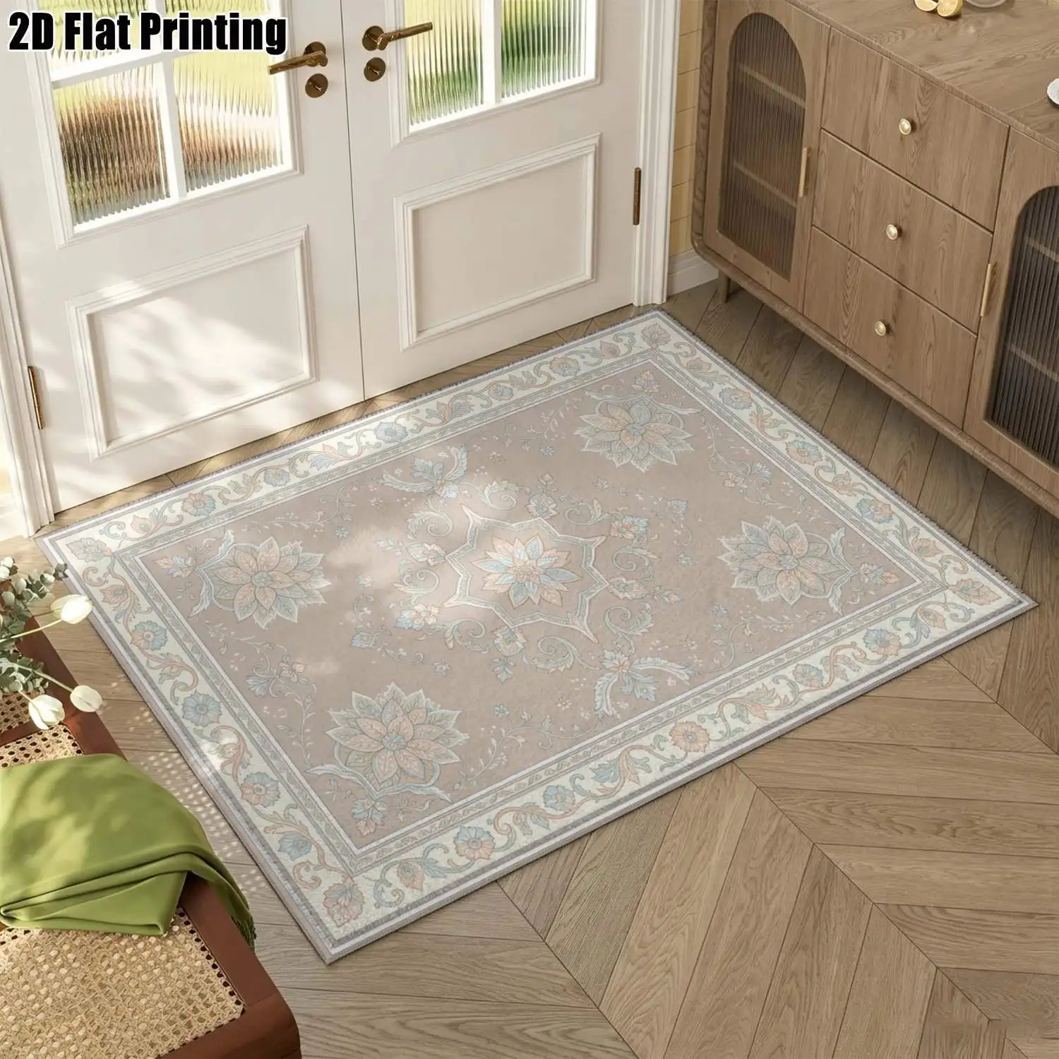 1Pc 2D Printed Carpet: Light Brown Base, Pink-Blue Floral Patterns, European/Vintage/Geometric/Bohemian Style, Home Decor, Multi-Size, Machine Washable, Suitable for Entrance, Living Room, Bedroom, Dining Room, Foyer